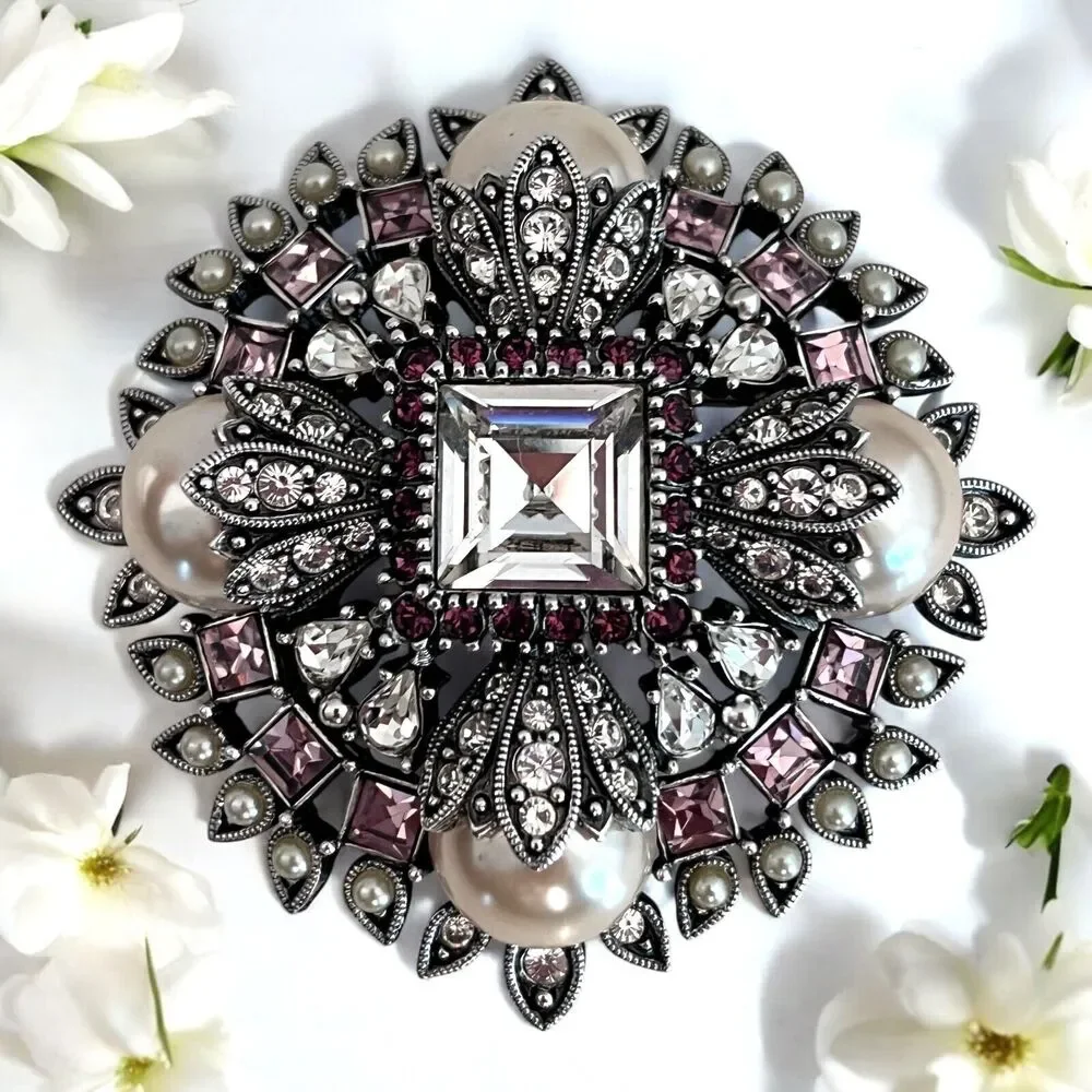 Vintage 1990s Joan Rivers Maltese Cross Brooch Enhancer Crystal Pearl - 8K